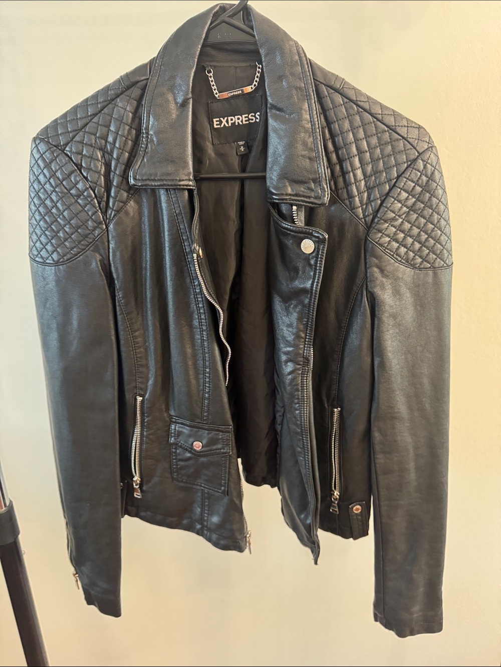 Express Black Quilted-Shoulder Leather Moto Jacket